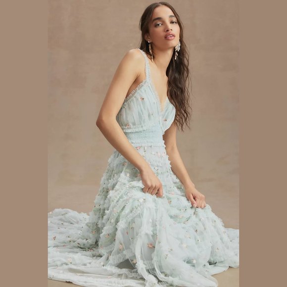 NEW Mac Duggal Size 8 Ruffled Cross-Back Smock-Waist Floral Embroidered Gown - Picture 2 of 5